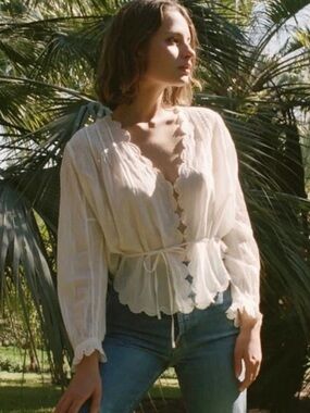 Doen Elayne embroidered silk button up top blouse tie back cream